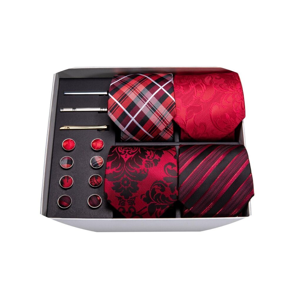 4797 Red Ties Set Handkerchief Cufflink and Tie Clips Flower/Plaid/Stripe